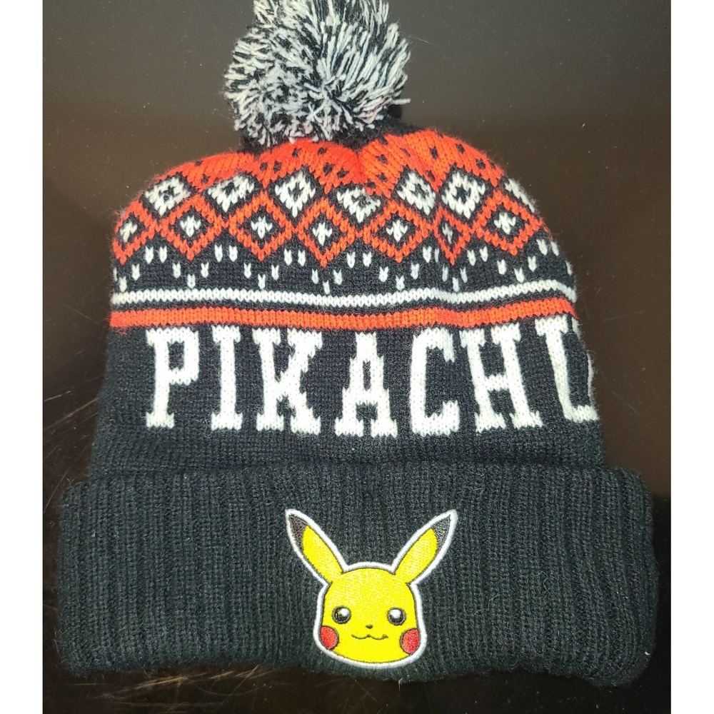 Women's Pokemon Pikachu Pom Pom Beanie Hat One Size Cap Black White Red